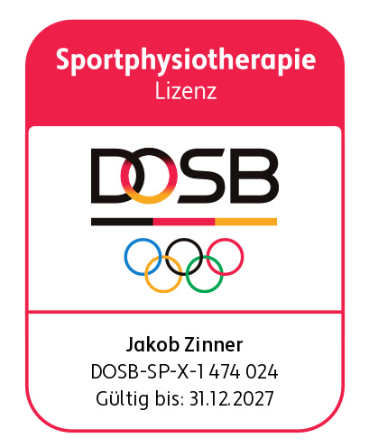 Abzeichen für Sportphysiotherapie-Lizenz des DOSB für Jakob Zinner, gültig bis 31.12.2027
